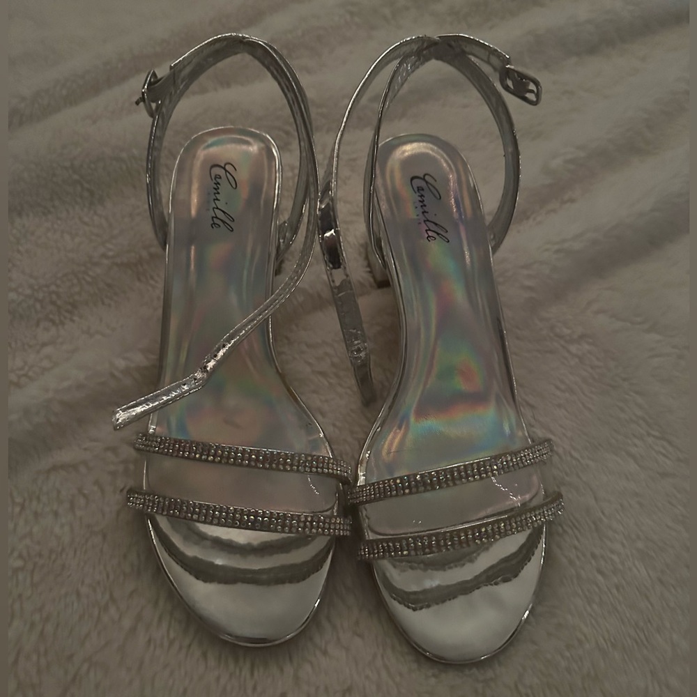 Camille La Vie silver reflective heels